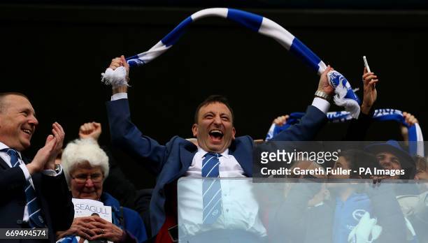 Brighton and Hove Albion's Owner and Chairman Tony Bloom celebrates promotion following the Sky Bet Championship match at the AMEX Stadium, Brighton.