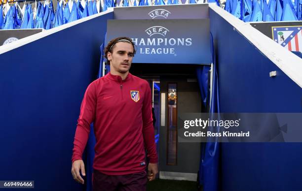 Antoine Griezmann of Atletico Madrid pictured during a training session at The King Power Stadium on April 17, 2017 in Leicester, England.