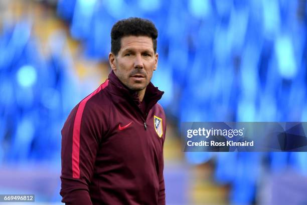 Diego Simeone the Manager of Atletico Madrid pictured during a training session at The King Power Stadium on April 17, 2017 in Leicester, England.