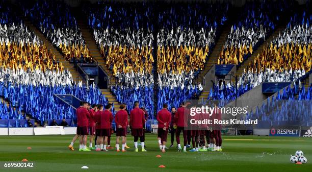 The Atletico Madrid squad pictured during a training session at The King Power Stadium prior to their Champions League match on April 17, 2017 in...