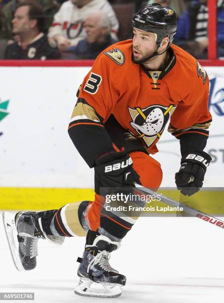 Clayton Stoner of the Anaheim Ducks plays in the game against the Ottawa Senators at Canadian Tire Centre on March 26, 2016 in Ottawa, Ontario,...