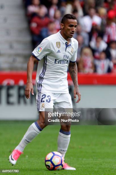 Danilo Luiz Da Silva defender of Real Madridd controls the ball during the La Liga Santander match between Sporting de Gijon and Real Madrid at...