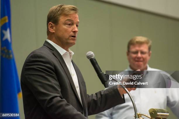 Sen. Dean Heller addresses a town hall with Rep. Mark Amodei inside the Reno-Sparks Convention Center on April 17, 2017 in Reno, Nevada. Heller and...