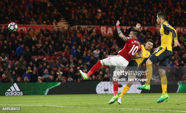 Alvaro Negredo of Middlesbrough scores their first goal during the Premier League match between Middlesbrough and Arsenal at Riverside Stadium on...