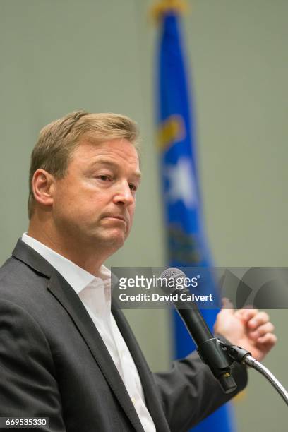 Sen. Dean Heller speaks at a town hall with Rep. Mark Amodei inside the Reno-Sparks Convention Center on April 17, 2017 in Reno, Nevada. Heller and...