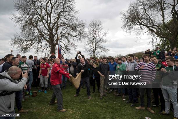 The bottle Kicking gets underway over the Hare Pie Hill on April 17, 2017 in Hallaton, England. Hallaton hosts the Hare Pie Scramble and Bottle...