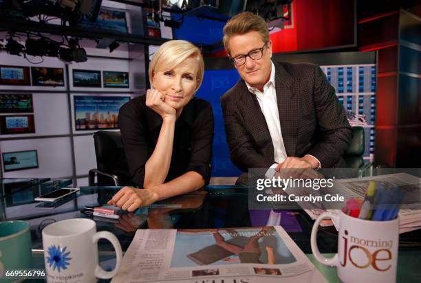 Co-hosts of MSNBC's "Morning Joe" Joe Scarborough, Mika Brzezinski are photographed for Los Angeles Times on March 29, 2017 in New York City....