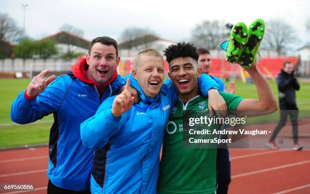 Lincoln City's Lee Beevers, Terry Hawkridge and Josh Ginnelly celebrate the victory following the Vanarama National League match between Gateshead...