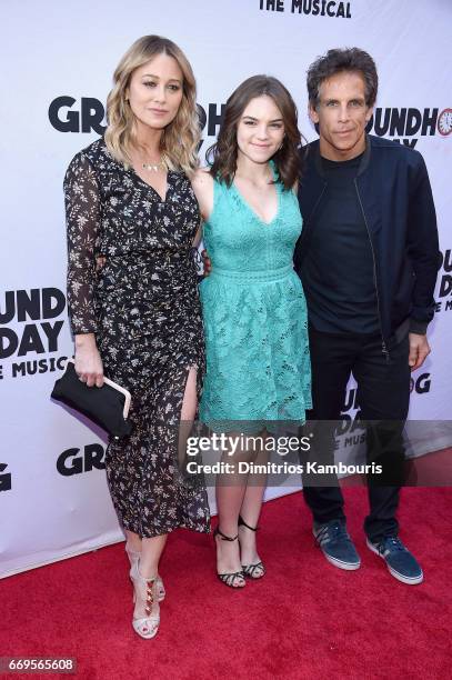 Christine Taylor, Ella Olivia Stiller, and Ben Stiller attend the "Groundhog Day" Broadway Opening Night at August Wilson Theatre on April 17, 2017...