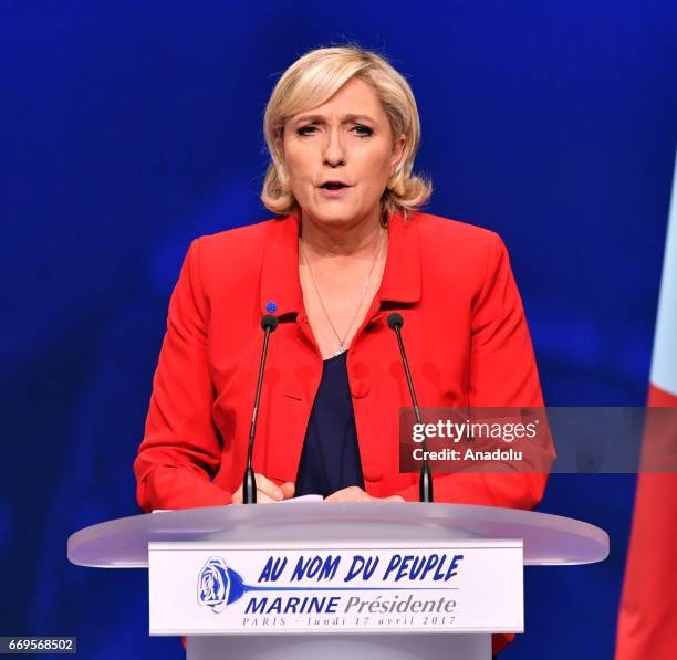 French Presidential Election candidate Marine Le Pen, the leader of France's far-right Front National political party delivers her speech during a...