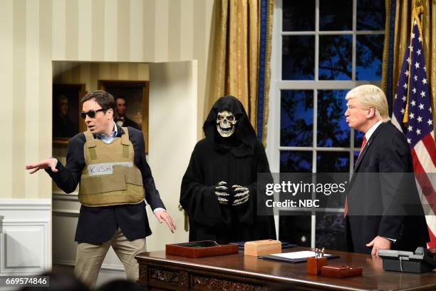 Jimmy Fallon" Episode 1722 -- Pictured: Jimmy Fallon as Jared Kushner, Grim Reaper as Steve Bannon, and Alec Baldwin as President Donald Trump during...