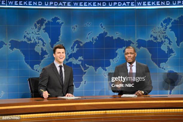 Jimmy Fallon" Episode 1722 -- Pictured: Colin Jost and Michael Che during "Weekend Update" on April 15, 2017 --