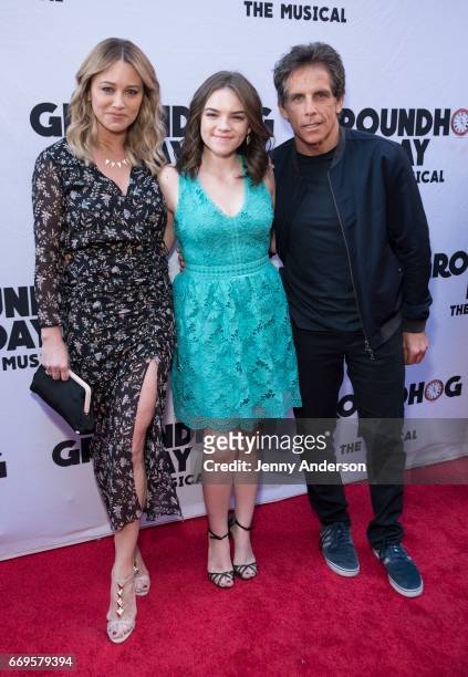 Christine Taylor, Ella Stiller and Ben Stiller attend "Groundhog Day" opening night at August Wilson Theatre on April 17, 2017 in New York City.