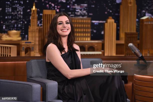 Anne Hathaway Visits "The Tonight Show Starring Jimmy Fallon" at Rockefeller Center on April 17, 2017 in New York City.