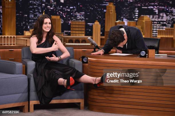 Anne Hathaway Visits "The Tonight Show Starring Jimmy Fallon" at Rockefeller Center on April 17, 2017 in New York City.