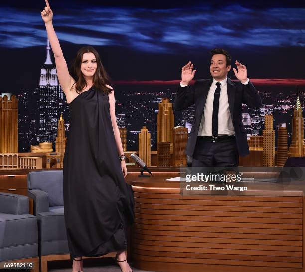 Anne Hathaway Visits "The Tonight Show Starring Jimmy Fallon" at Rockefeller Center on April 17, 2017 in New York City.