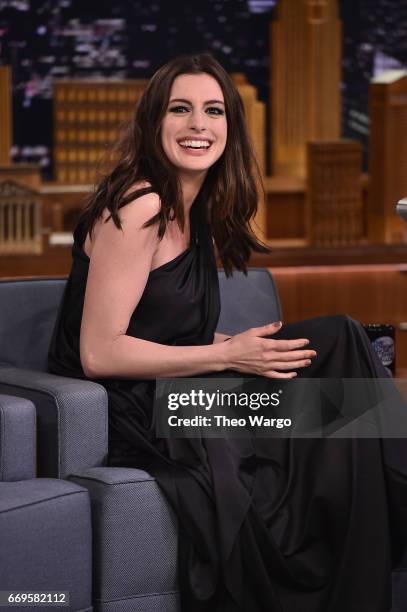 Anne Hathaway Visits "The Tonight Show Starring Jimmy Fallon" at Rockefeller Center on April 17, 2017 in New York City.