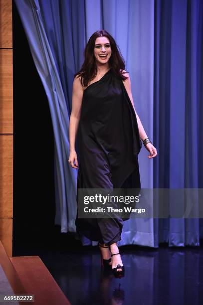 Anne Hathaway Visits "The Tonight Show Starring Jimmy Fallon" at Rockefeller Center on April 17, 2017 in New York City.