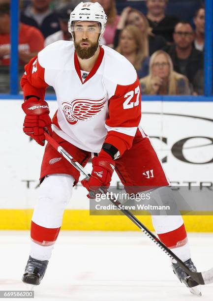Kyle Quincey of the Detroit Red Wings plays in the game against the Tampa Bay Lightning at Amalie Arena on March 22, 2016 in Tampa, Florida.
