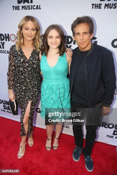 Christine Taylor, Ella Stiller and Ben Stiller pose at the opening night of the new musical based on the film "Groundhog Day" on Broadway at The...