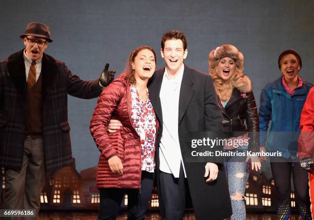 John Sanders, Barrett Doss, Andy Karl and Rebecca Faulkenberry perform onstage at the "Groundhog Day" Broadway Opening Night at August Wilson Theatre...