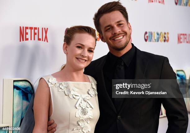 Actors Britt Robertson and Johnny Simmons attend the premiere of Netflix's "Girlboss" at ArcLight Cinemas on April 17, 2017 in Hollywood, California.