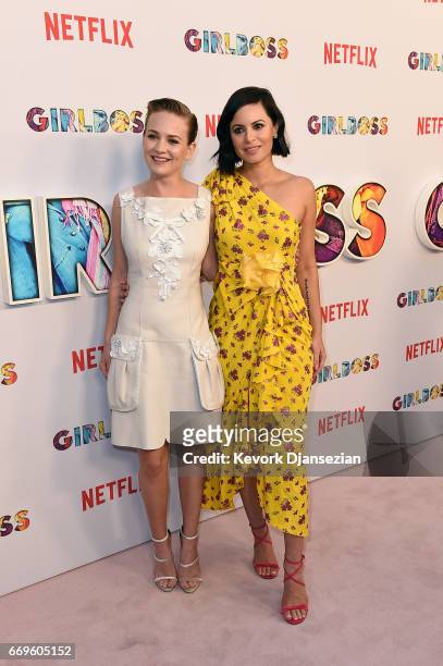 Actor Britt Robertson and executive producer Sophia Amoruso attend the premiere of Netflix's "Girlboss" at ArcLight Cinemas on April 17, 2017 in...