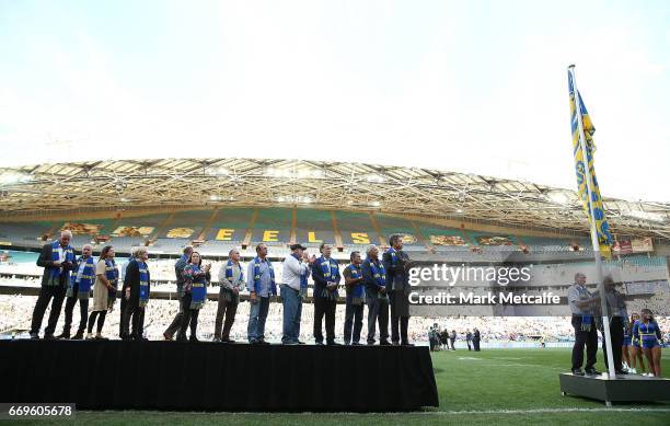 Parramatta Eels honour its "Hall of Fame" Members before the round seven NRL match between the Parramatta Eels and the Wests Tigers at ANZ Stadium on...