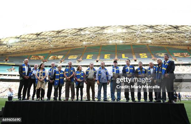 Parramatta Eels honour its "Hall of Fame" Members before the round seven NRL match between the Parramatta Eels and the Wests Tigers at ANZ Stadium on...