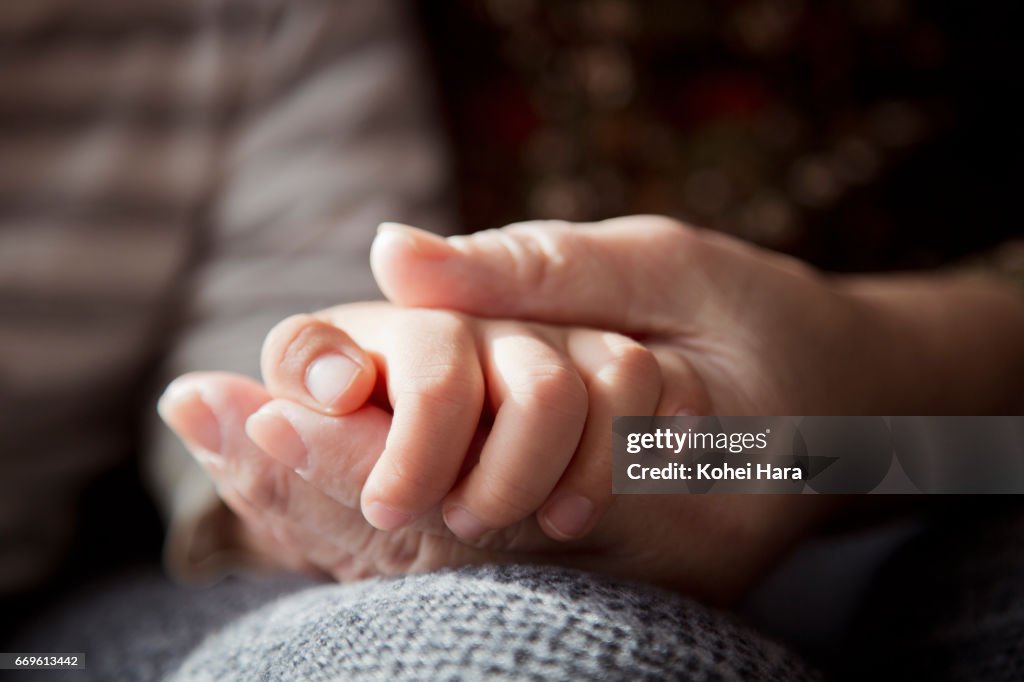 A senior woman's hand holding a boy's hand
