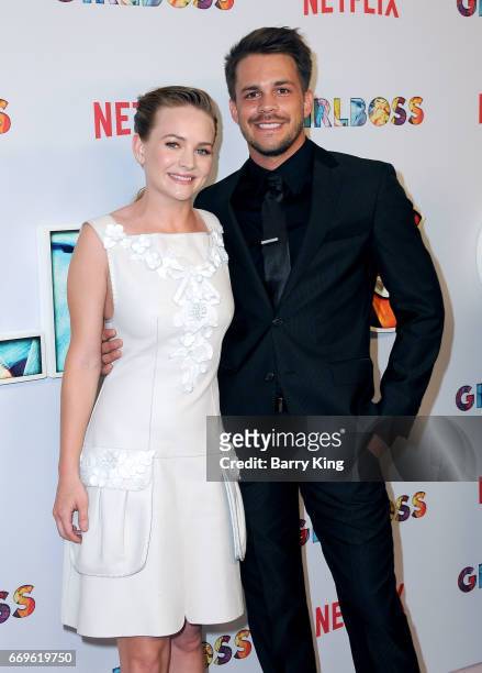 Actress Britt Robertson and actor Johnny Simmons attend the premiere of Netflix's' 'Girlboss' at ArcLight Cinemas on April 17, 2017 in Hollywood,...