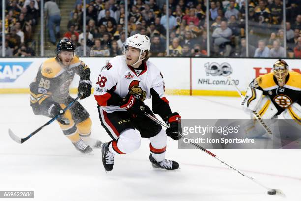 Ottawa Senators left wing Mike Hoffman looks back to the point during Game 3 of a first round NHL playoff game between the Boston Bruins and the...
