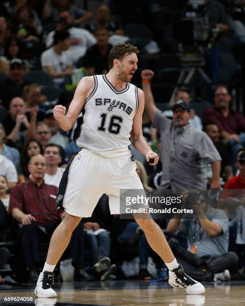 Pau Gasol of the San Antonio Spurs reacts after a basket against the Memphis Grizzlies in Game Two of the Western Conference Quarterfinals during the...