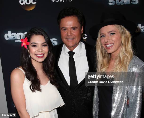 Singers Auli'i Cravalho, Donny Osmond and ZZ Ward attend "Dancing with the Stars" Season 24 at CBS Televison City on April 17, 2017 in Los Angeles,...