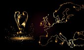 Champions Cup with a linear map. Golden Soccer trophy.