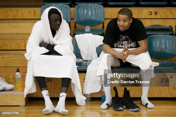 Lat Mayen keeps warm between games during the NBL Combine 2017/18 at Melbourne Sports and Aquatic Centre on April 18, 2017 in Melbourne, Australia.