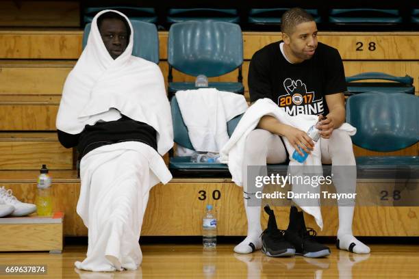 Lat Mayen keeps warm between games during the NBL Combine 2017/18 at Melbourne Sports and Aquatic Centre on April 18, 2017 in Melbourne, Australia.