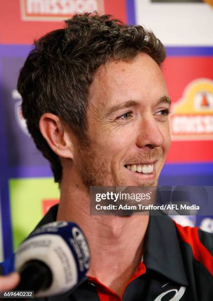 Robert Murphy of the Bulldogs addresses the media during a press conference for his upcoming 300th game at Whitten Oval on April 18, 2017 in...