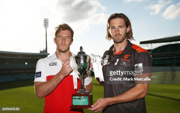 Sydney Swans vice-captain Luke Parker and GWS Giants captain Callan Ward pose during an AFL press conference at Sydney Cricket Ground on April 18,...