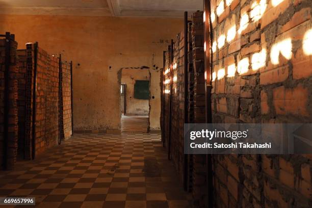 Cells at the S-21 Tuol Sleng Genocide Museum. The Khmer Rouge renamed the Tuol Svay Pray High School to Security Prison 21 in 1976. Estimated 20,000...