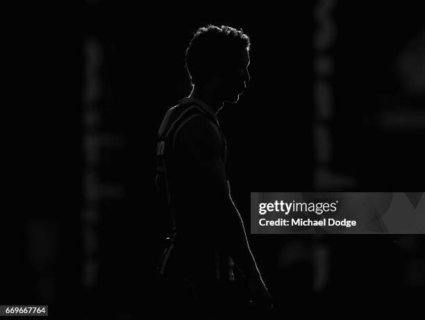 Robert Murphy of the Bulldogs, who will play his 300th game this weekend, looks upfield during the Western Bulldogs AFL training session at Whitten...