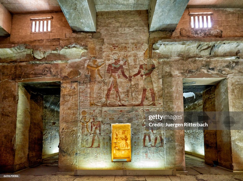 Stone carved reliefs in sanctuaries of temple of Seti I , Abydos