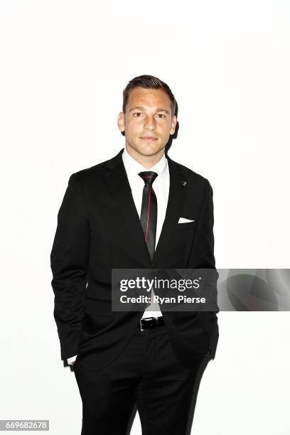 Brendon Santalab of the Wanderers arrives ahead of the Western Sydney Wanderers Medal Night at the International Convention Centre on April 18, 2017...