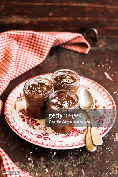 dark chocolate mousse with freshly shredded coconut in jars on a wooden table, selective focus - chocolate pudding imagens e fotografias de stock