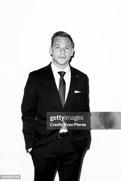 Brendon Santalab of the Wanderers arrives ahead of the Western Sydney Wanderers Medal Night at the International Convention Centre on April 18, 2017...