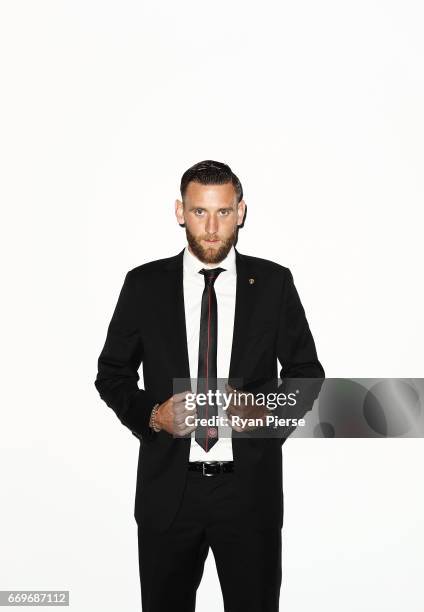 Robbie Cornthwaite of the Wanderers arrives ahead of the Western Sydney Wanderers Medal Night at the International Convention Centre on April 18,...