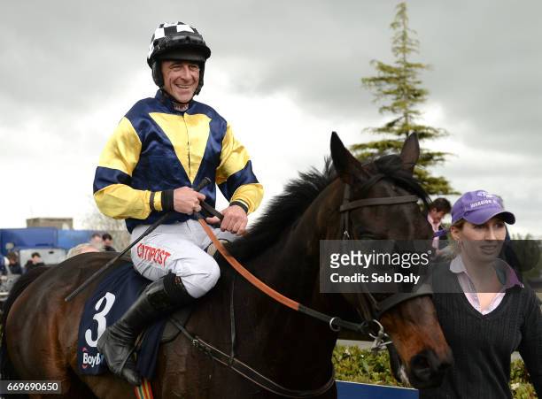 Meath , Ireland - 16 April 2017; Jockey Davy Russell on Hurricane Ben after winning the BoyleSports Novice Handicap Steeplechase during the...
