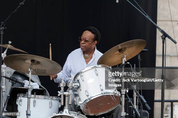 American Jazz musician Louis Hayes plays drums as he leads his band, the Jazz Communicators, on the Absopure Pyramid Stage at the Detroit Jazz...