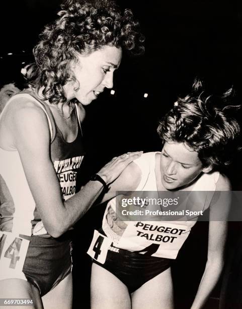 Mary Decker of the United States and Zola Budd of Great Britain in their first meeting since the Olympic Games in Los Angeles in 1984 following the...