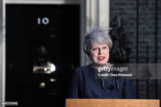 Prime Minister Theresa May makes a statement to the nation in Downing Street on April 18, 2017 in London, United Kingdom. The Prime Minister has...